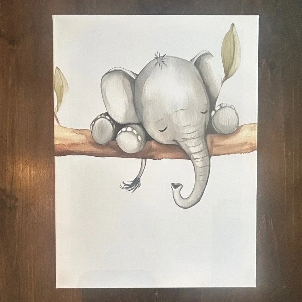 Sleeping Baby Elephant White Canvas Art Nursery Whimsical Safari Playroom‎ Kids